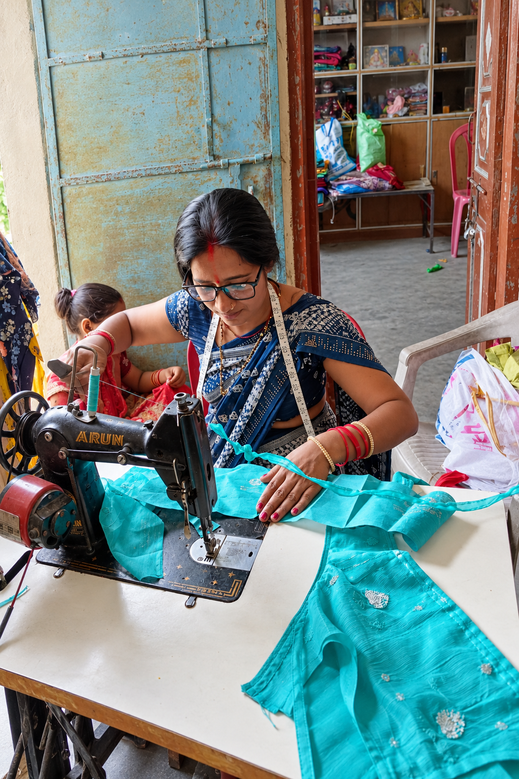 Bags woman sewing in a modest home workshop